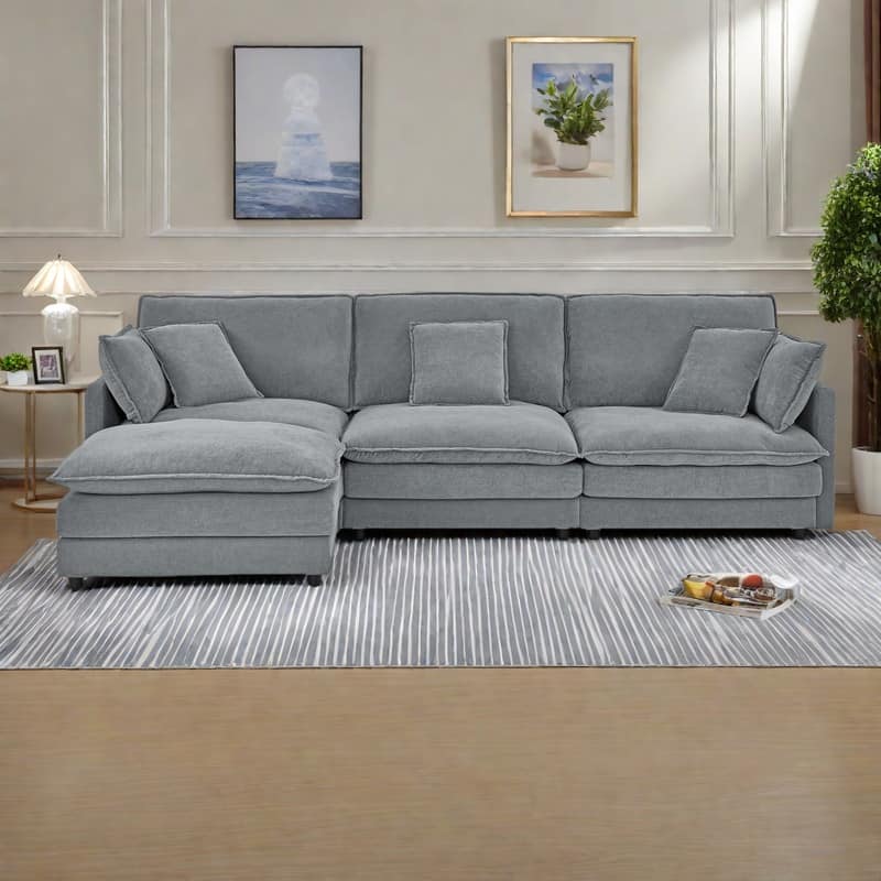 110.2" L-Shaped Sectional Sofa with Ottoman, Convertible 4-Seater Couch in Soft Towel Fabric - Grey