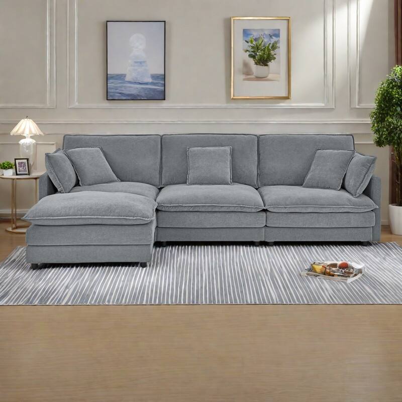 110.2" L-Shaped Sectional Sofa with Ottoman, Convertible 4-Seater Couch in Soft Towel Fabric