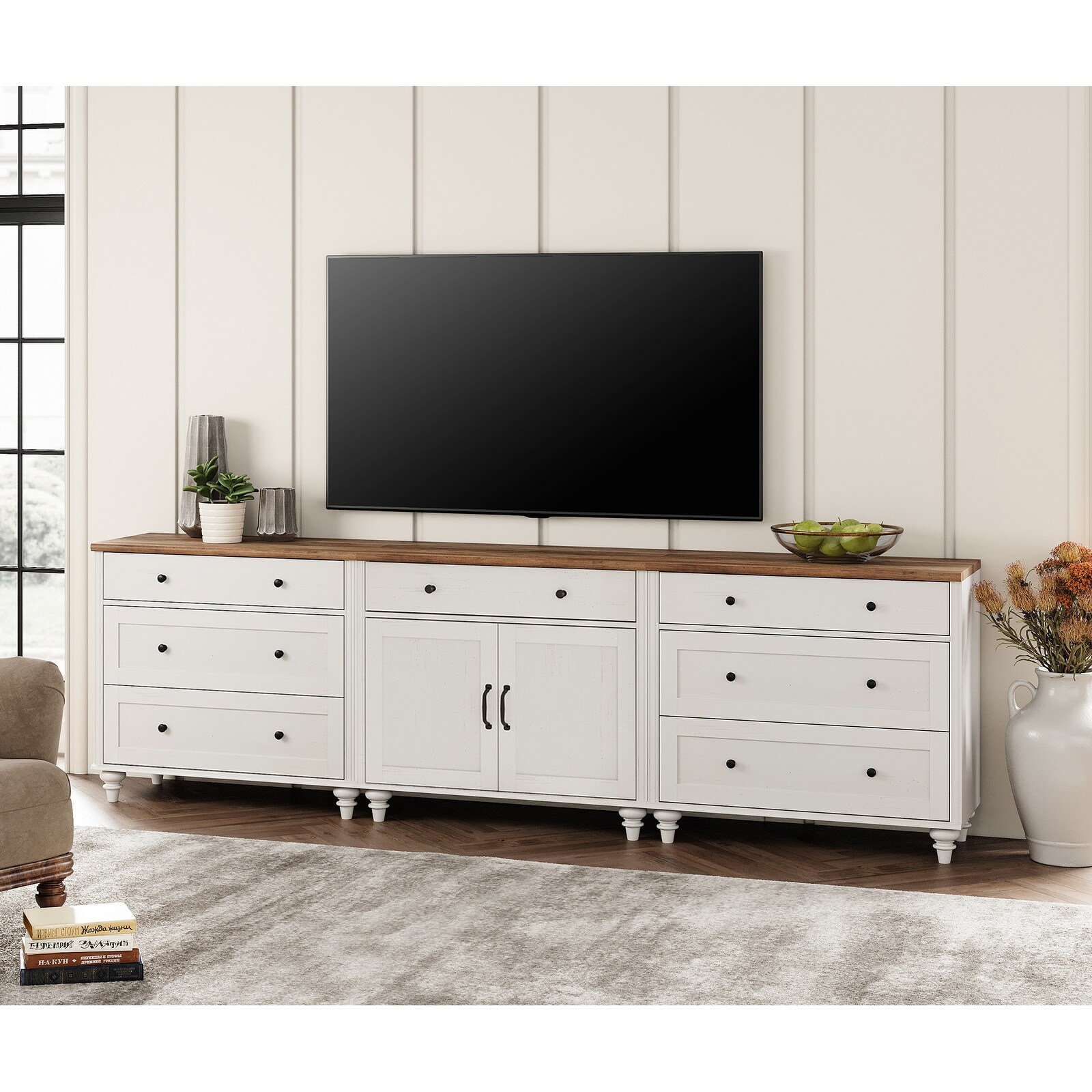 Farmhouse TV Stand with Doors and Drawer﻿