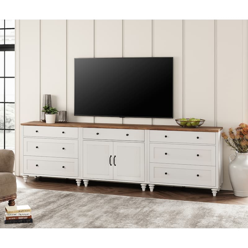 Farmhouse TV Stand with Doors and Drawer﻿ - 7 Drawers and 2 Doors - Off White