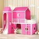 preview thumbnail 1 of 10, Twin Over Twin Castle Style Kids Low Bunk Bed with Tent, Slide, Curtains & Tower, Solid Wood Floor Bunk Bed Frame for Girls Boys Pink - Twin