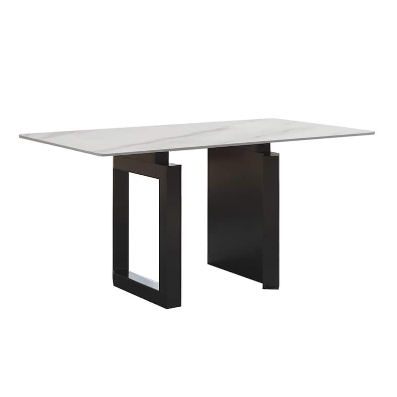 Modern Rectangle Stone Tabletop Black Titanium Stainless Double Pedestal Dining Table