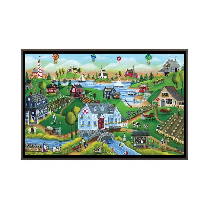 iCanvas "Village By The Sea with Hot Air Ballons" by Cheryl Bartley Framed - Charcoal - 18x26