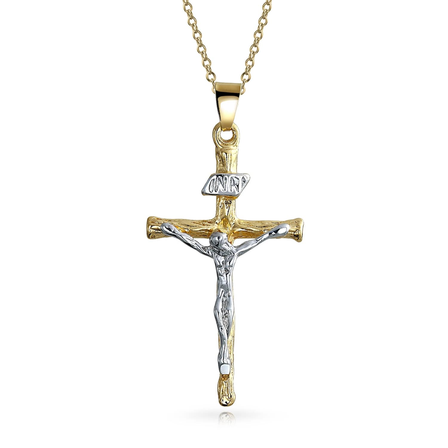 14k Yellow White Two 2 Tone Gold Crucifix Jesus Cross Pendant Charm Religious