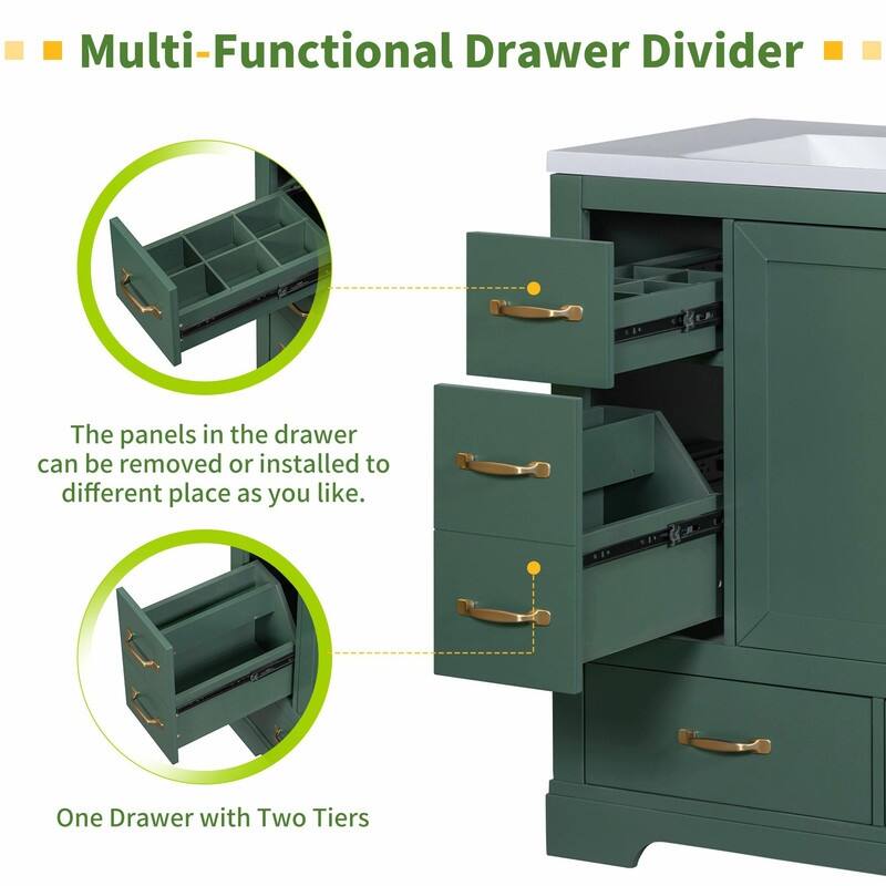 36" Bathroom Vanity with Sink Combo: Six Drawers, Multi-Functional Divider, Adjustable Shelf