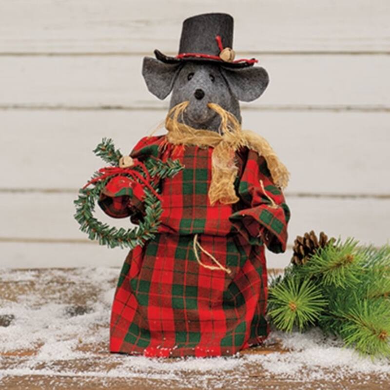 Red Taupe Felt & Fabric Marlene Santa Jammies Mouse with Wreath and Bells - 4.25 x 4.25 x 12.50 in