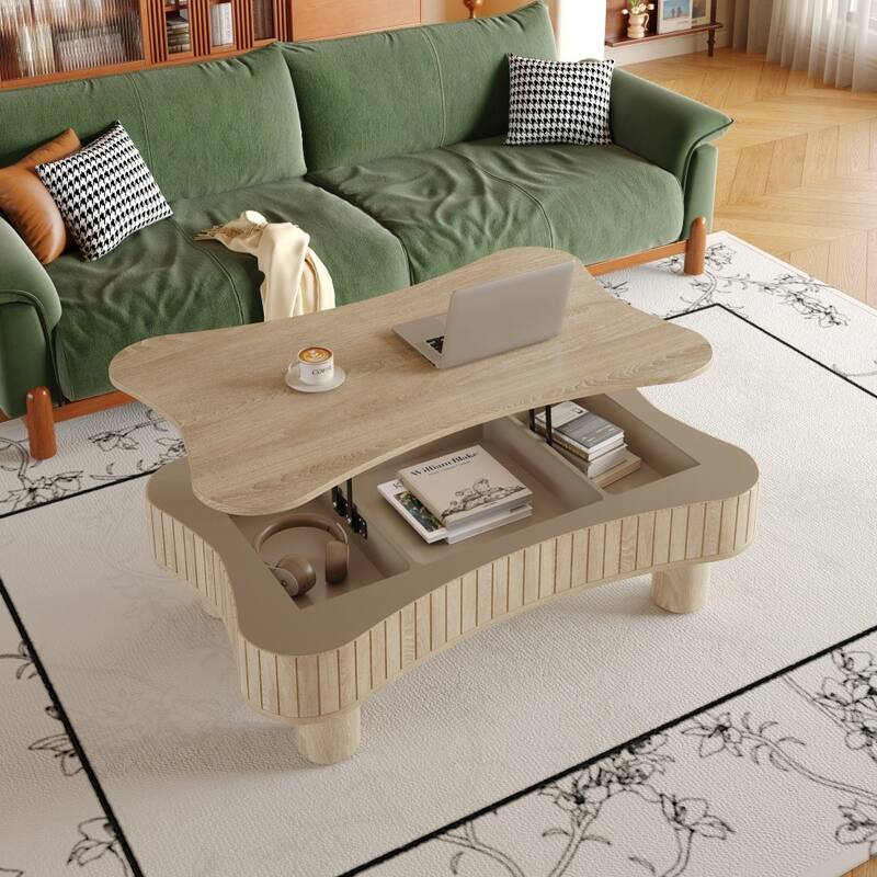 Lift Top Coffee Table with Fluted Panel Hidden Storage, Silent Hydraulic Lift and Curved Safety Corners