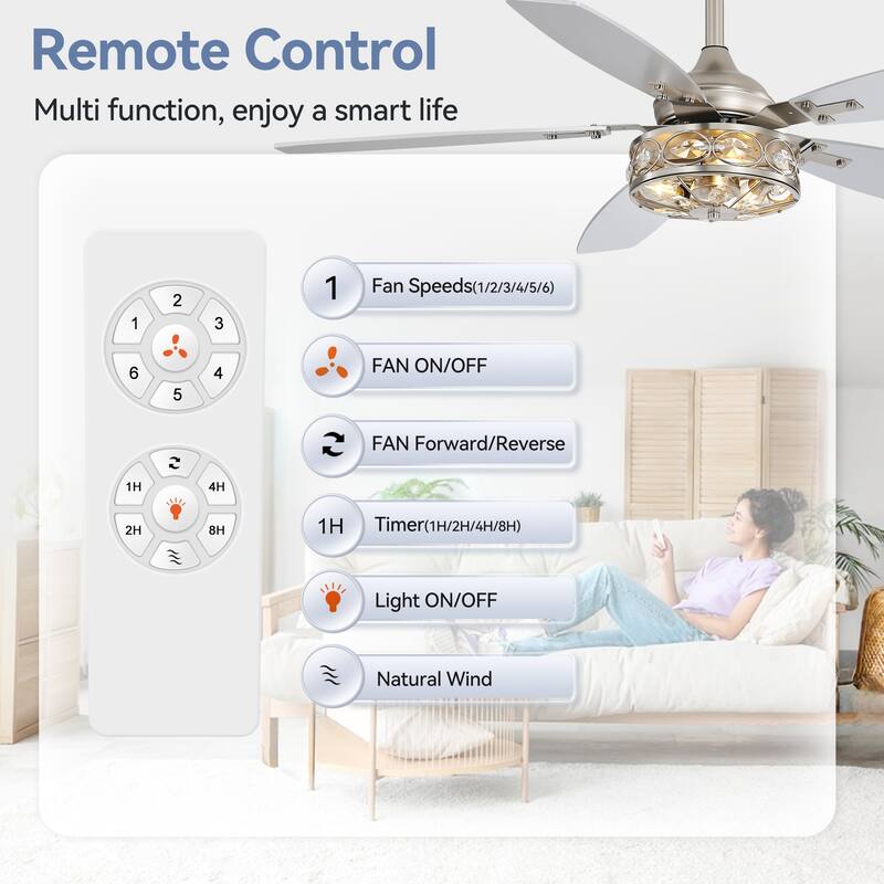 48" Wood 5-Blade Crystal Fandelier Ceiling Fan with Remote and Light