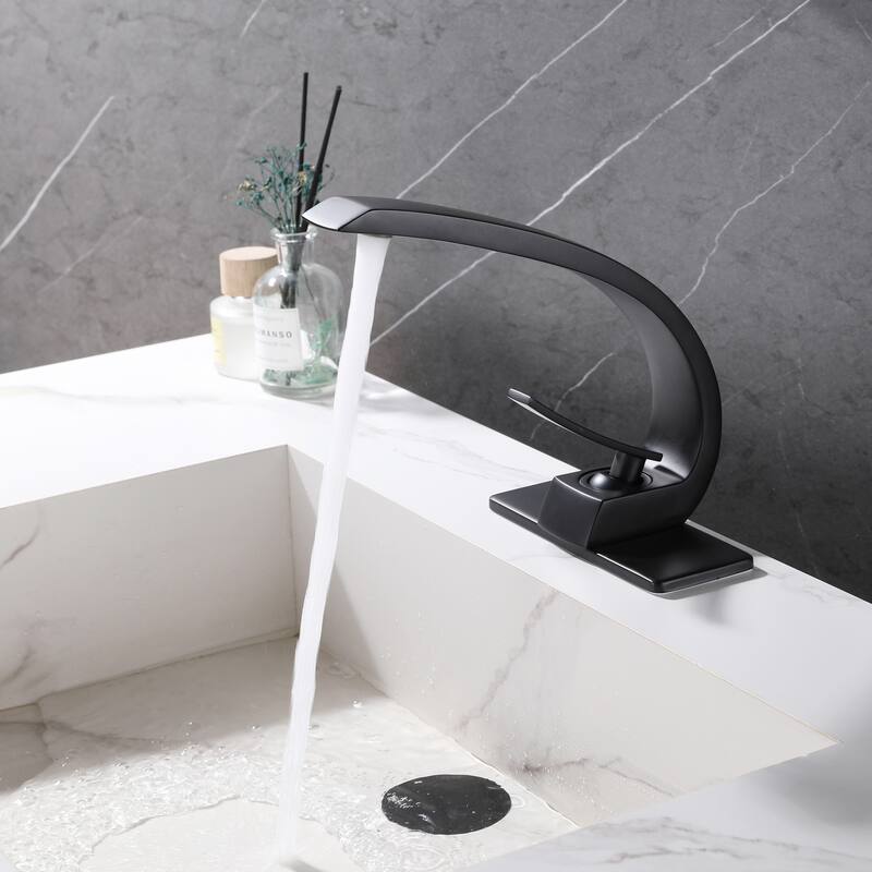 Modland C-Shaped Single Hole Bathroom Faucet, 500K Cycle CUPC Certified, 6-Inch Cover Plate, Black / Gold / Nickel / Chrome