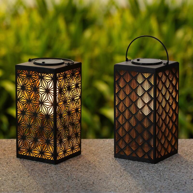 Glitzhome 11"H Black Metal Cutout or Square Textured Glass Pattern Solar Powered Hanging Lantern with LED Light