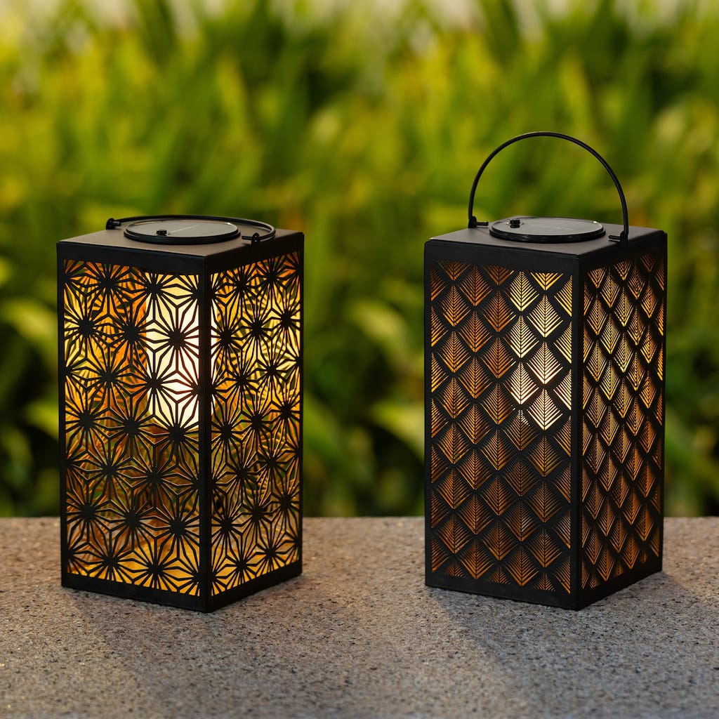Glitzhome 11"H Black Metal Cutout or Square Textured Glass Pattern Solar Powered Hanging Lantern with LED Light