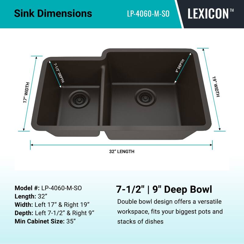 32 Inch Lexicon Platinum Quartz Composite Drop-in Undermount Galaxy Mocha - 19" W x 32" L x 9.75" H