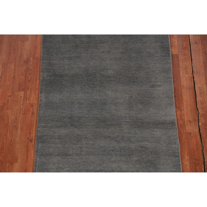Hand Knotted Oriental 100% Wool Carpet Modern Solid Greys & Charcoal Gabbeh Runner Rug - 9' 10'' X 3' 0''