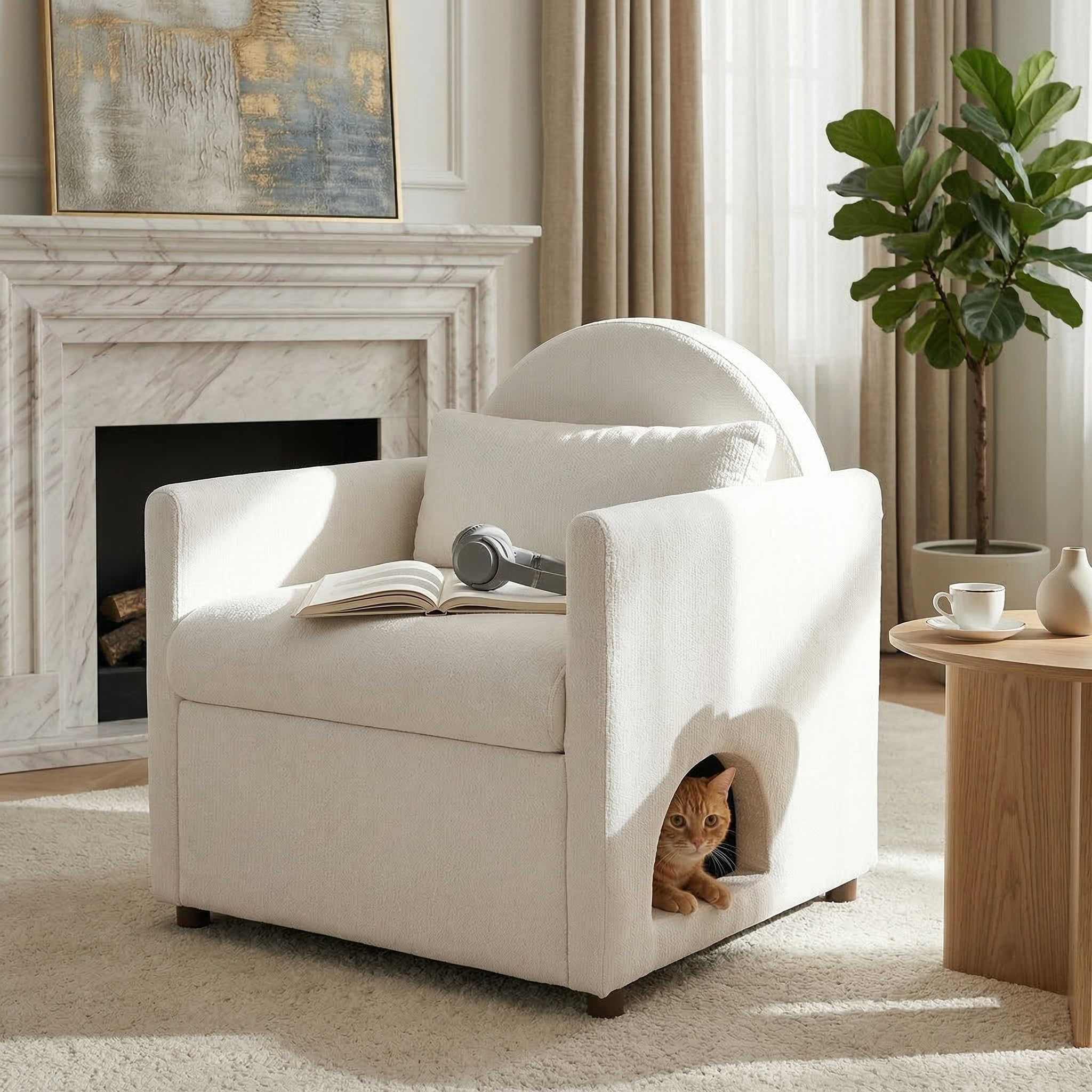 Christopher Knight Home - Modern Minimalist 2-in-1 Upholstered Accent Chair with Hidden Pet Nook, Pillow & Acacia Wood Legs