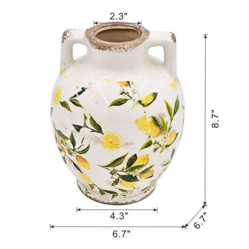 6.7x6.7x8.7" White Ceramic Vase with Yellow Lemon Motif and Small Handles