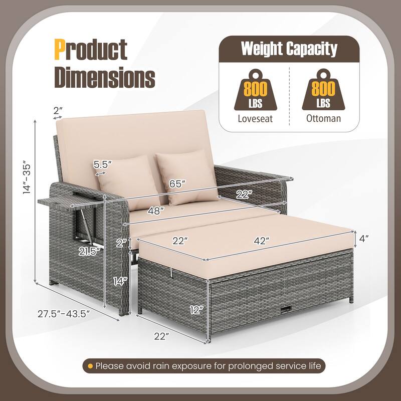 Gymax Rattan Daybed Wicker Loveseat Sofa Set w/ Ottoman & Retractable