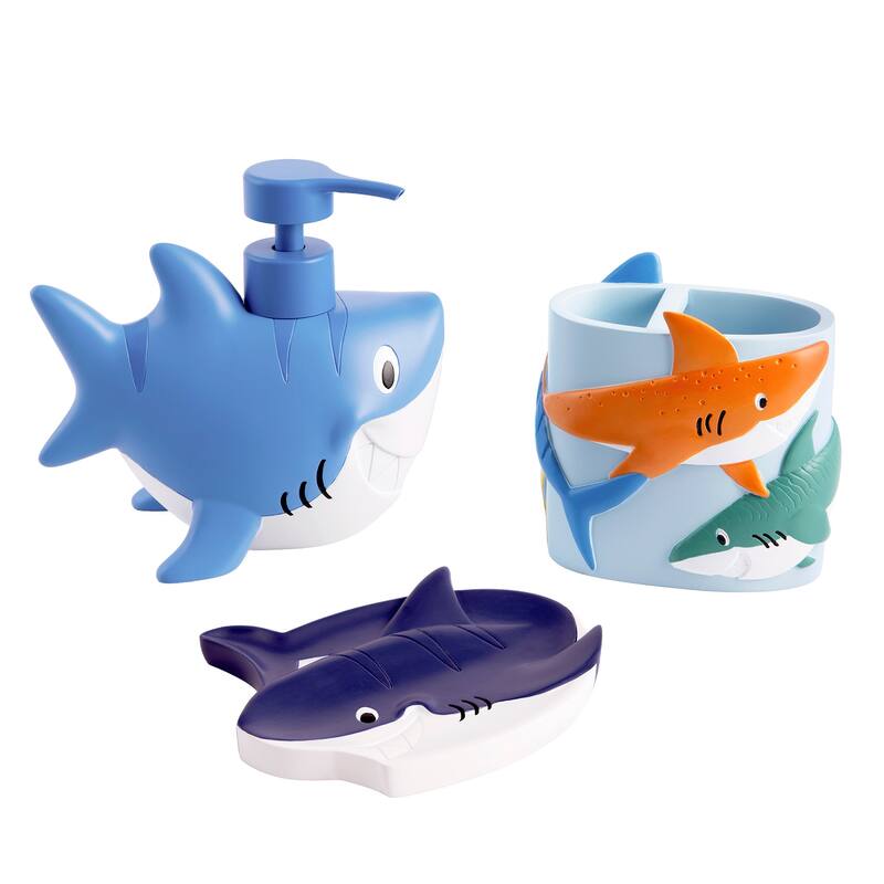 Colorful Animated Sharks 3 Piece Bathroom Accessory Set - Multi - 3 piece set