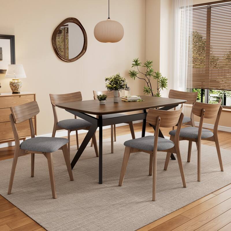 Dining Table Set with Rectangular Table and Upholstered Curved-Back Chairs, Optional 5-Piece or 7-Piece - Dark Grey - 7-Piece
