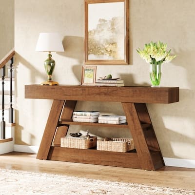 63-Inch Console Table, Wooden Entryway Table with Storage Shelves