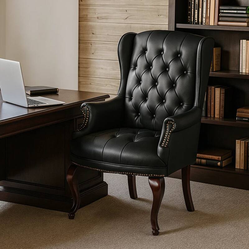 Saily Guest Armchair, Traditional Wingback Design, Black Tufted Vinyl