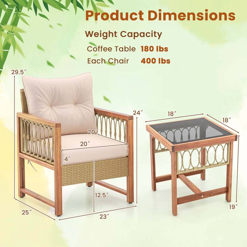 3PCS Patio Furniture Set Outdoor PE Wicker Conversation Bistro Set