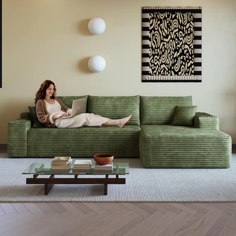 Plush Corduroy Upholstered Couch L-shaped Sectional Sofa with Chaise