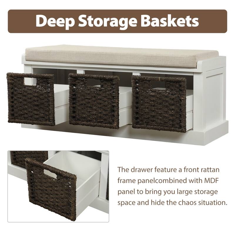 Rustic Storage Bench with 3 Removable Classic Rattan Basket