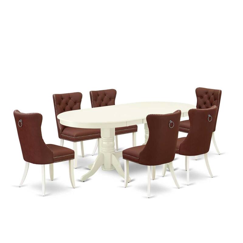Oval Dining Set - 7 Piece Kitchen Table with 6 Chairs - Linen White Parson Style