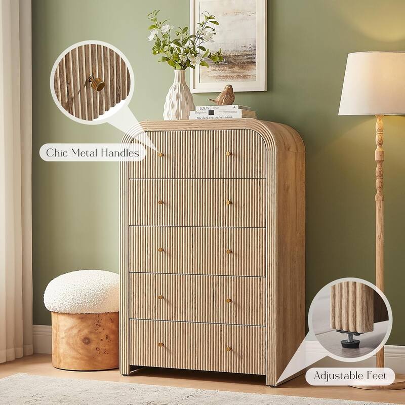 Modern Fluted 5 Drawers Dresser, Wood Chest of Drawers for Bedroom