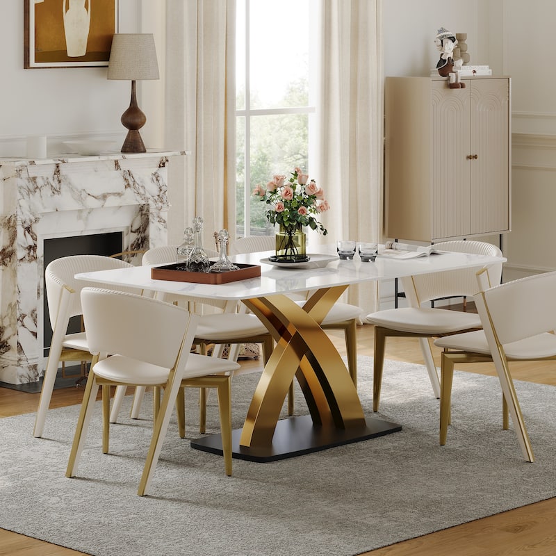 Contemporary White Rectangular Sintered Stone Dining Table Base Dinner Table
