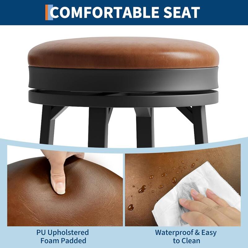 360° Swivel Bar Stool Set of 2, PU Leather Upholstered Counter Height Bar Stool with Metal Footrests