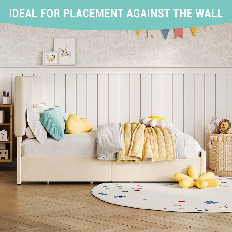 Twin Size Bed Frame with Adjustable Headboard and 2 Storage Drawers