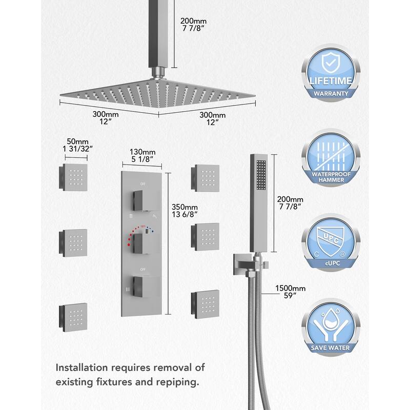 Thermostatic Shower System 12" Rain Shower Head with High Pressure Handheld Spray
