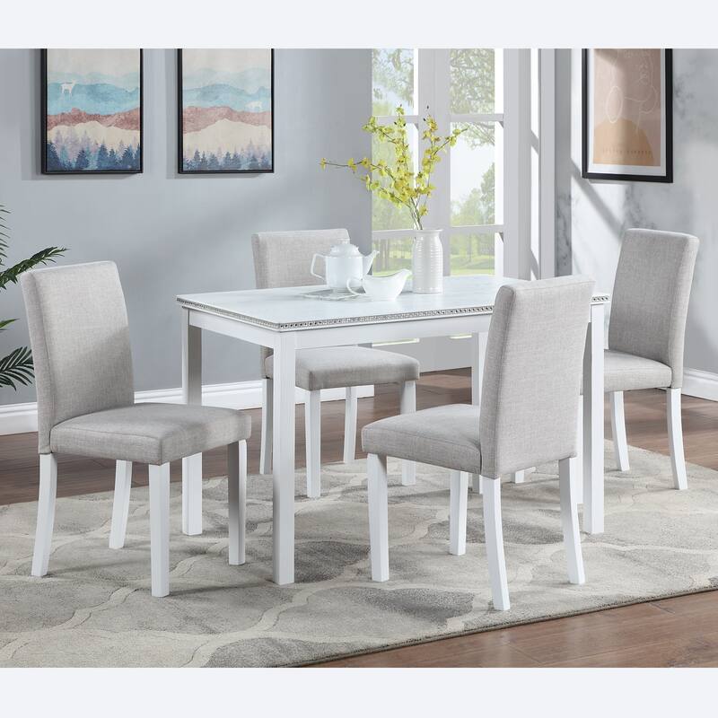 Modern 5-Piece Dining Set with Crystal Table & 4 Upholstered Chairs - Beige+White