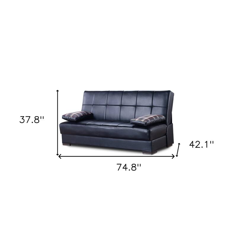 HomeRoots 75" Black Faux Leather Convertible Futon Sleeper Sofa And Toss Pillows With Storage