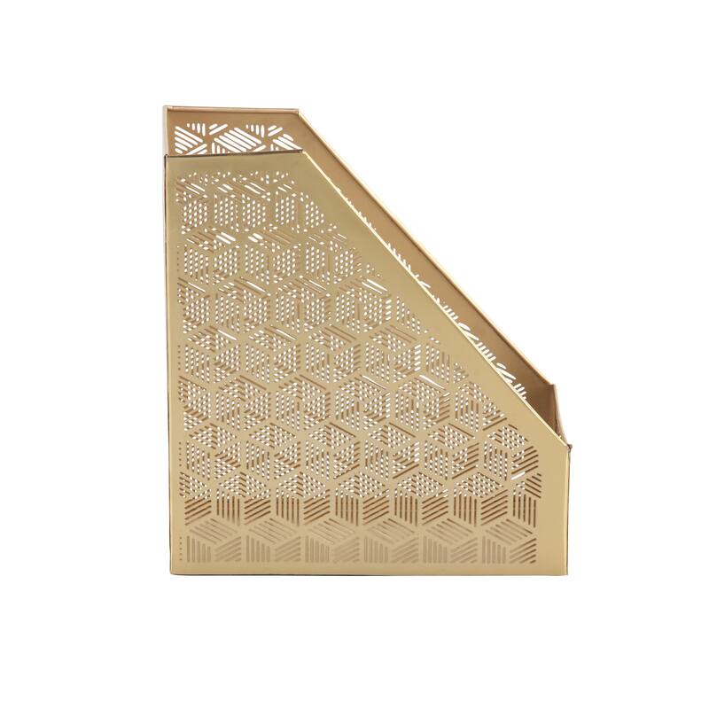 Gold Metal Single Slot Geometric Magazine Holder with Laser Carved Design