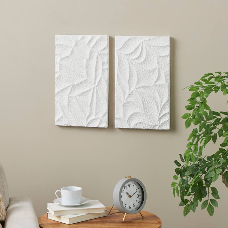 White Metal Embossed Leaf Home Wall Decor (Set of 2) - White