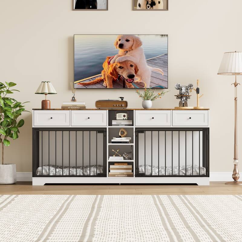 Double Dog Crate Furniture, Large Wooden Dog House with 4 Drawers