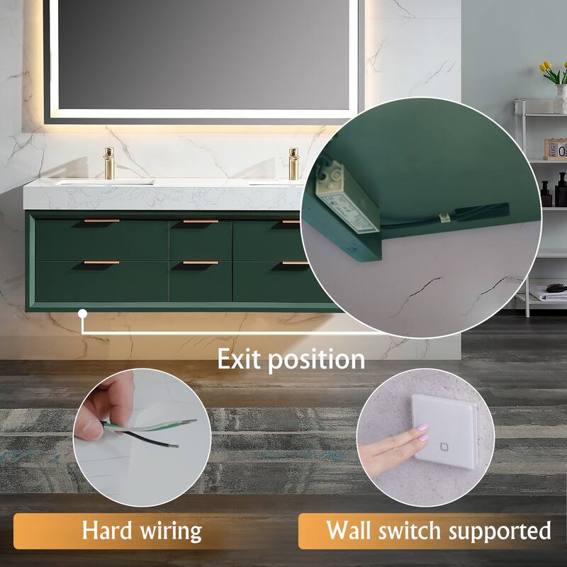 36/48/60 Modern LED Floating Bathroom Vanity with Single/Double Sink & Soft-Close Drawers & Waterproof, Green