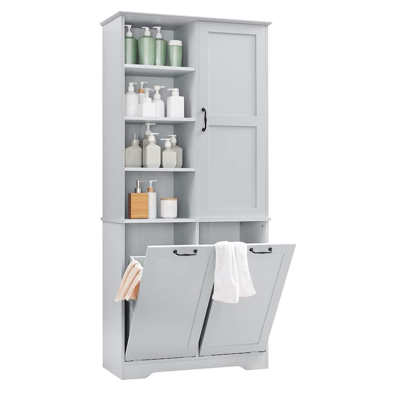 Bathroom Storage Cabinet with Doors and Drawers, Tilt-Out Laundry Hamper, Multiple Storage Space, Freestanding