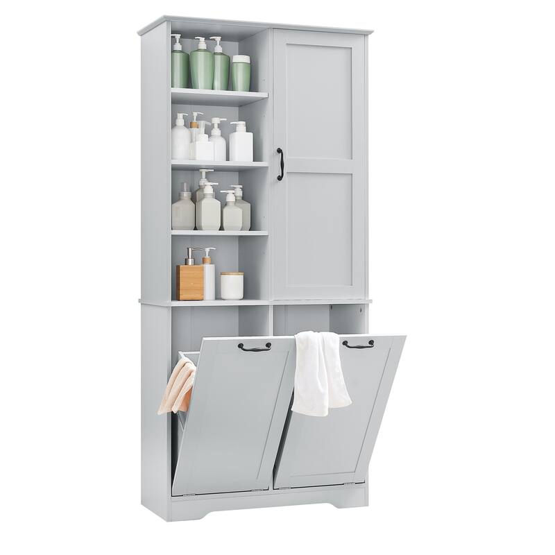 Roomfitters 68" Tall Bathroom Storage Cabinet with Dual Tilt-Out Laundry Hampers, Open Shelves & Adjustable Storage