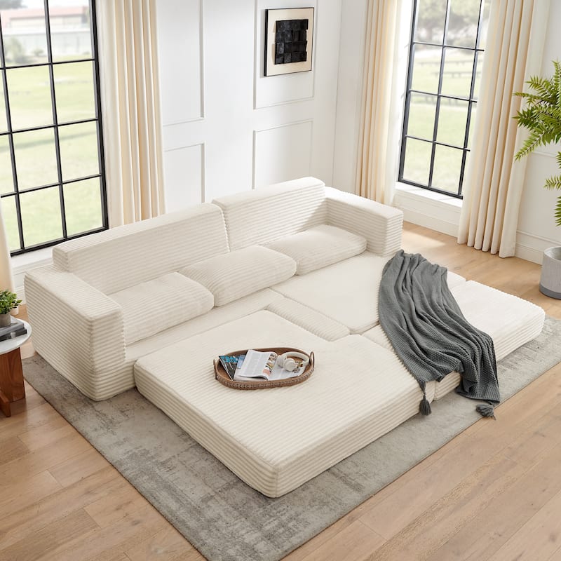 Expanded into Queen Size Floor Bed of Sectional Sofa with Chaise, L-shaped Corduroy Upholstered Compressed Couch with Pillows