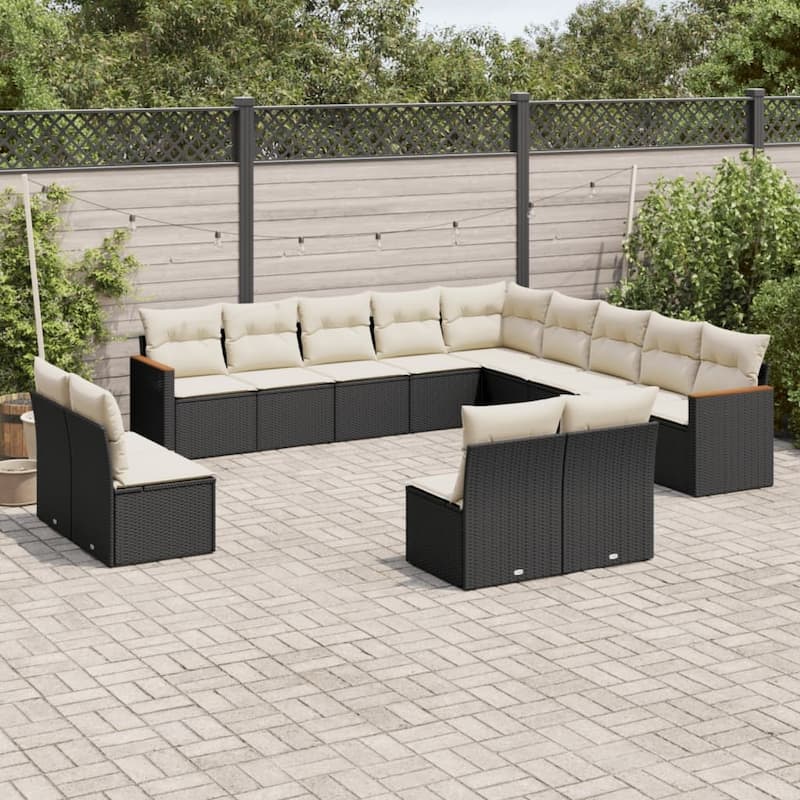 vidaXL Patio Sofa Set with Cushions Outdoor Conversation Furniture Poly Rattan - 24.4 x 24.4 x 27.2 in - Black and cream without table