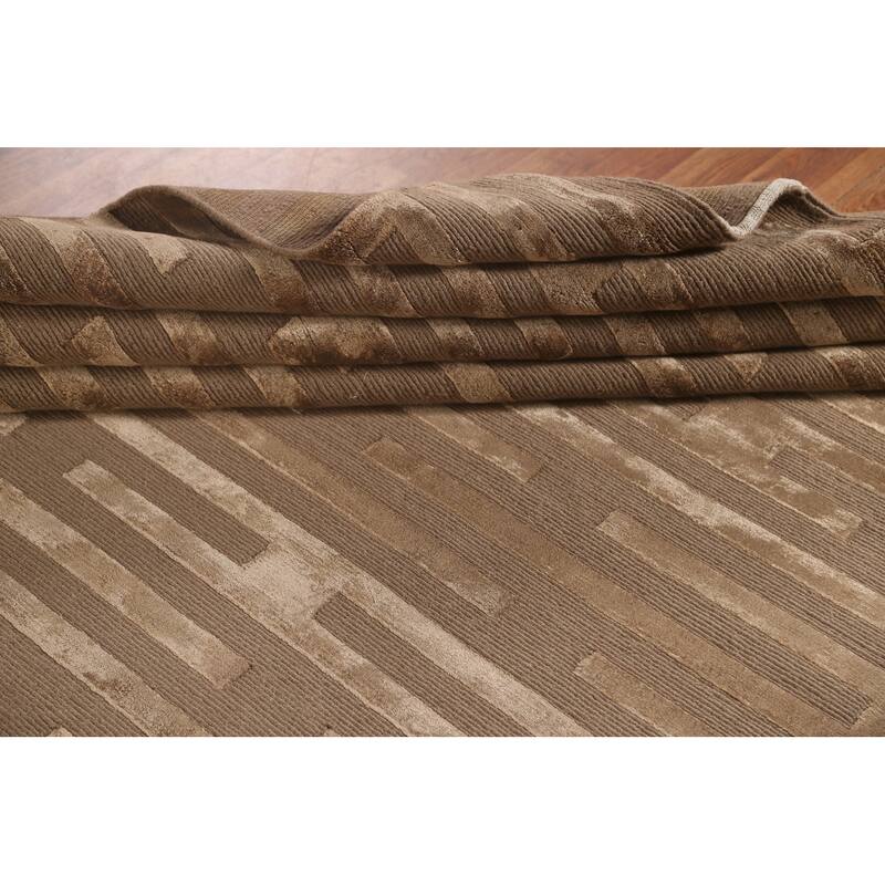 Striped Nepalese Modern Large Area Rug Hand-Knotted Wool Carpet - 10'0" x 13'8"