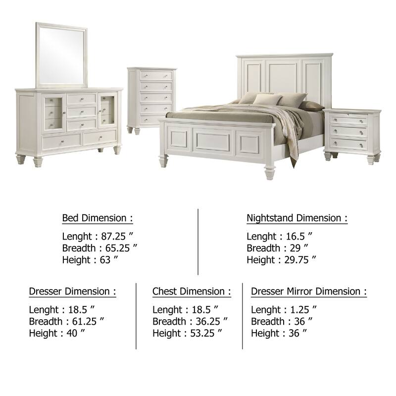 Lila 5 Piece Queen Bed Set, White Wood Headboard, Vanity Dresser and Chest