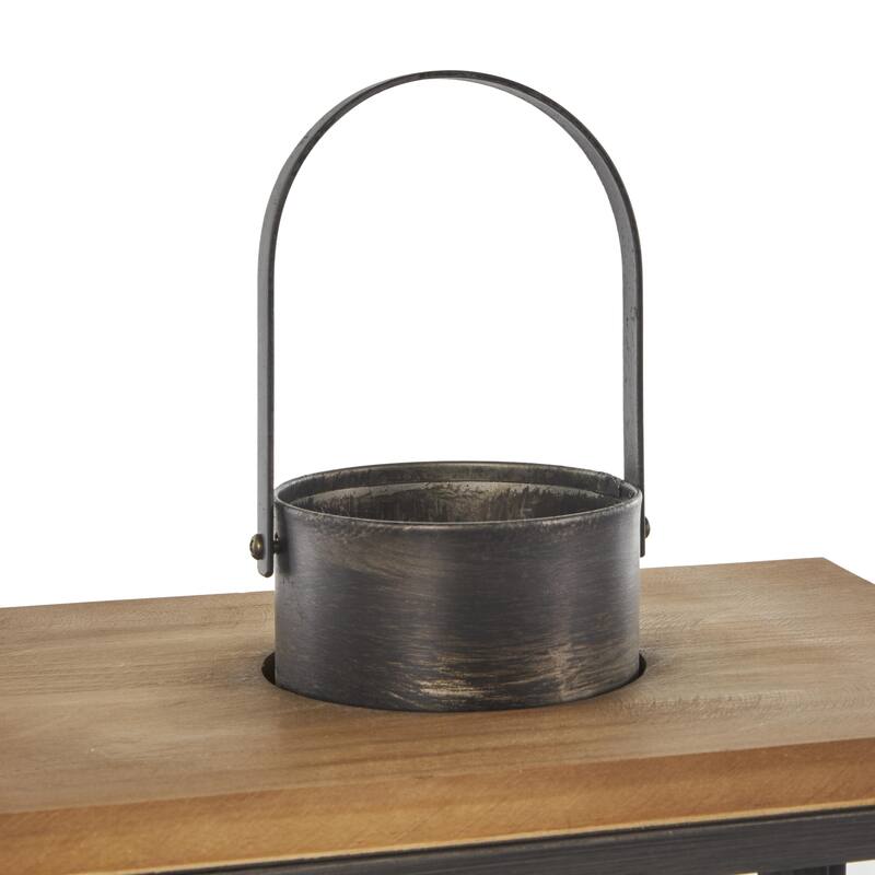 Metal Brushed Rectangular Indoor Outdoor Candle Lantern with Brown Wood Tops - Set of 2 Dark Gray - Roche River Decor
