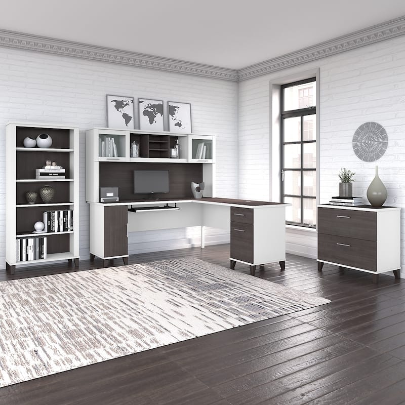 Somerset 72W L Shaped Desk with Hutch, Cabinet and Bookcase in Gray - Storm Gray/White