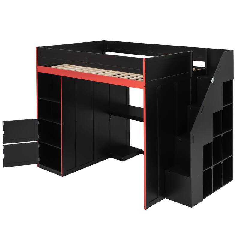 Black Gaming Loft Bed with Wardrobe, Desk, LED Lights, Cabinets and Storage Stairs