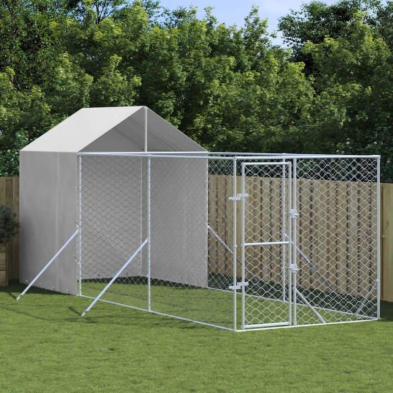 vidaXL Outdoor Dog Kennel with Roof Silver Galvanized Steel