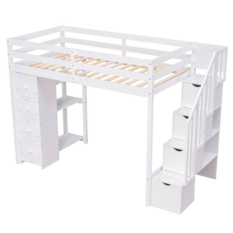 Twin Wooden Loft Bed with Storage and Guardrail